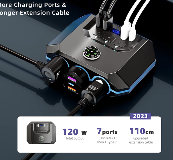 Rozdzielacz USB 12/24V|USB-3 + USB-C|3 x zapa|+LCD